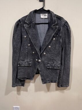Savanna Jane L Denim Blazer Jacket Acid Wash Silver Button Double Breasted